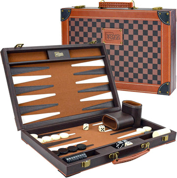 Backgammon Sets for Adults, 15 Inch PU Leather Backgammon Set, Portable Travel Backgammon Board Game, Classic - Set of 15