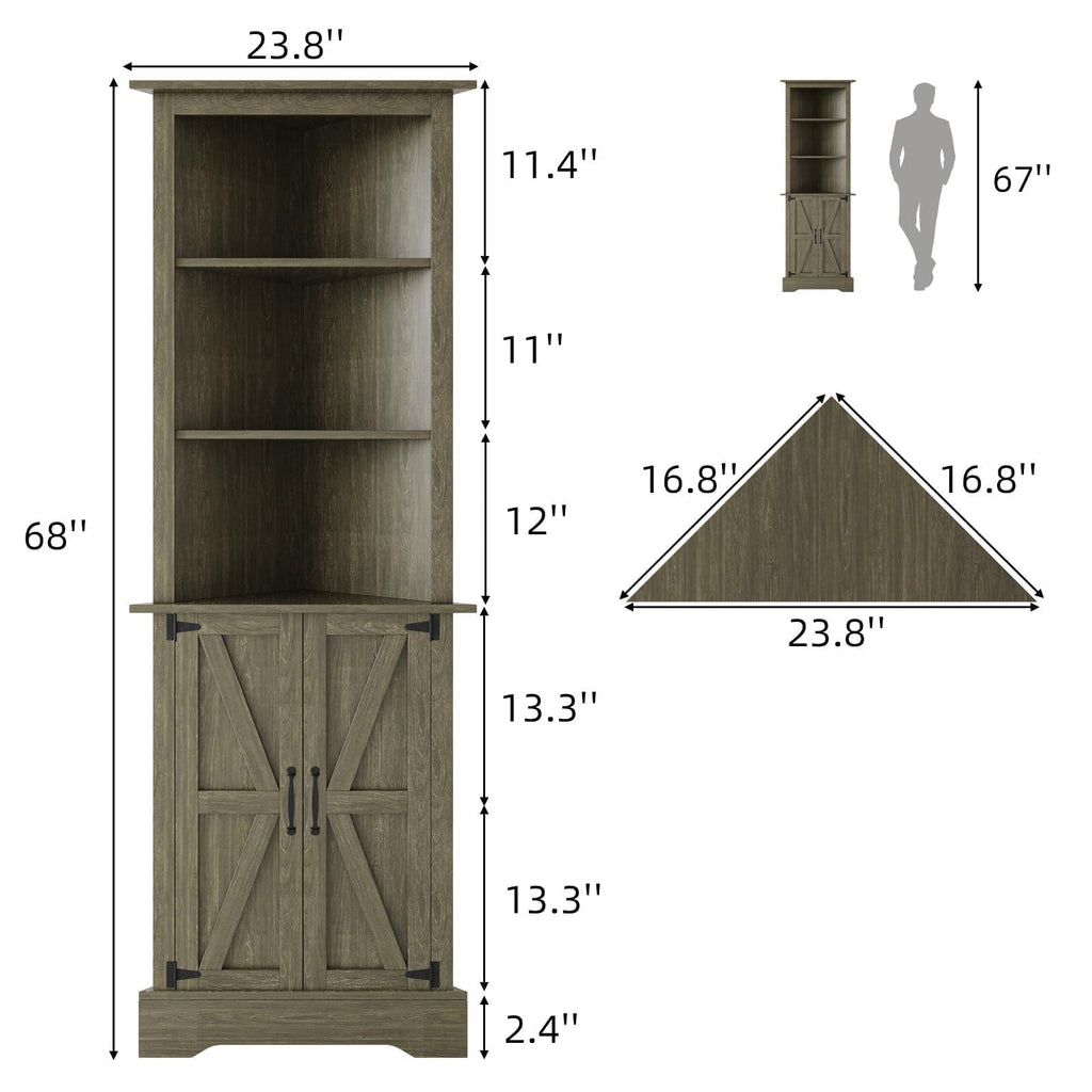 68" H Tall Farmhouse Corner Cabinet with 2 Barn Doors, Grey