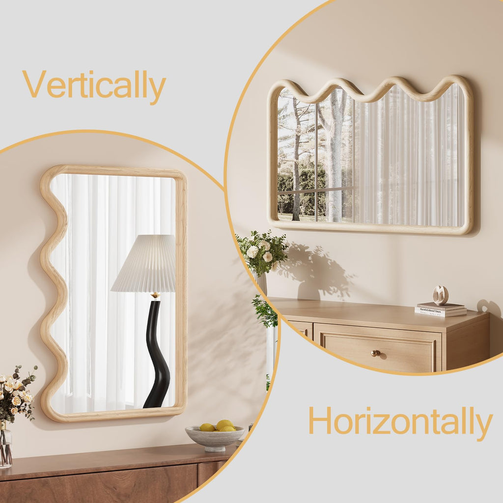 Wavy Mirror for Wall, 24x36 Inch Wood Frame, Natural
