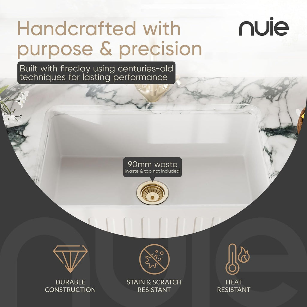 White Kitchen Sink 33 inch Single Bowl Apron Fluted Front Farmhouse Sink with Central Drain Position, Fireclay
