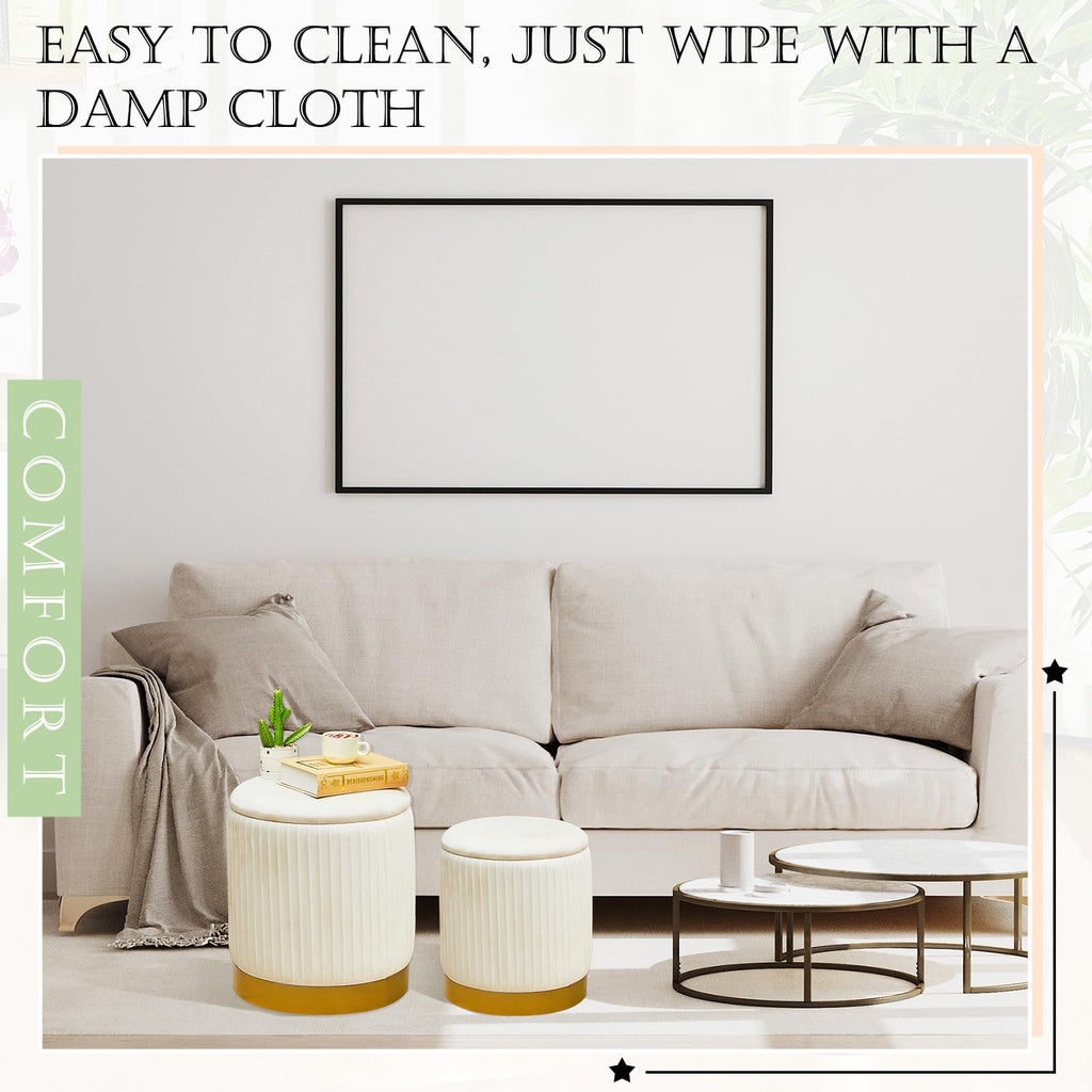 2 Pcs Round Ottoman with Storage White Velvet Storage Ottoman Stool with Removable Lid Gold Base Living Room Bedroom