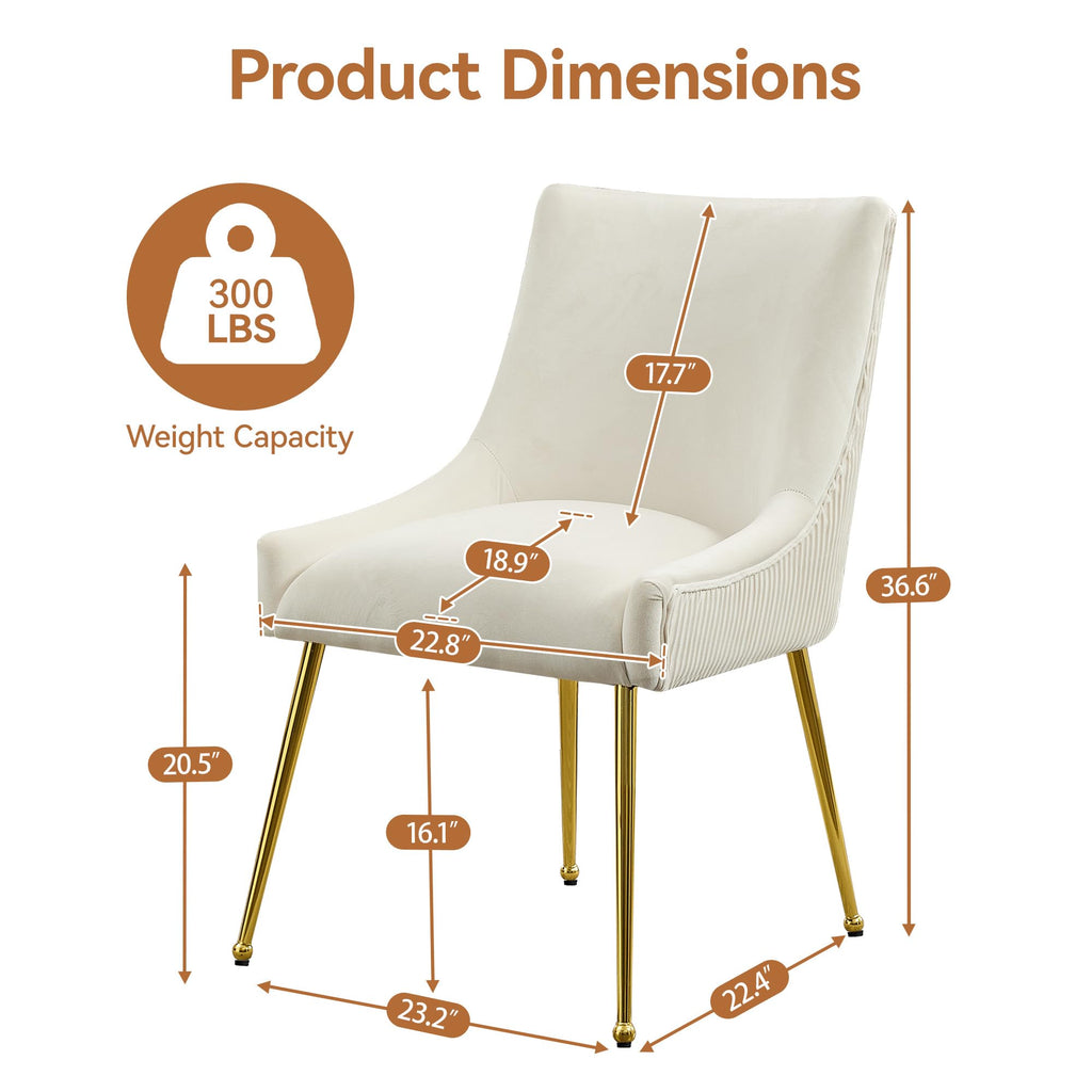 Velvet Dining Chairs Set of 2 Gold Legs, Upholstered Velvet Accent Chairs, Pleated Back Design & Gold Pull Handle, Mid