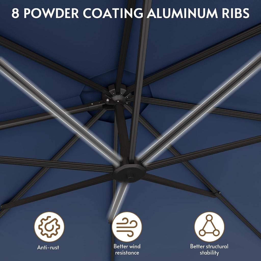 11FT Solar Powered LED Light Cantilever Patio Umbrella with Base Included, Large Cantilever Umbrella with 360°Rotation