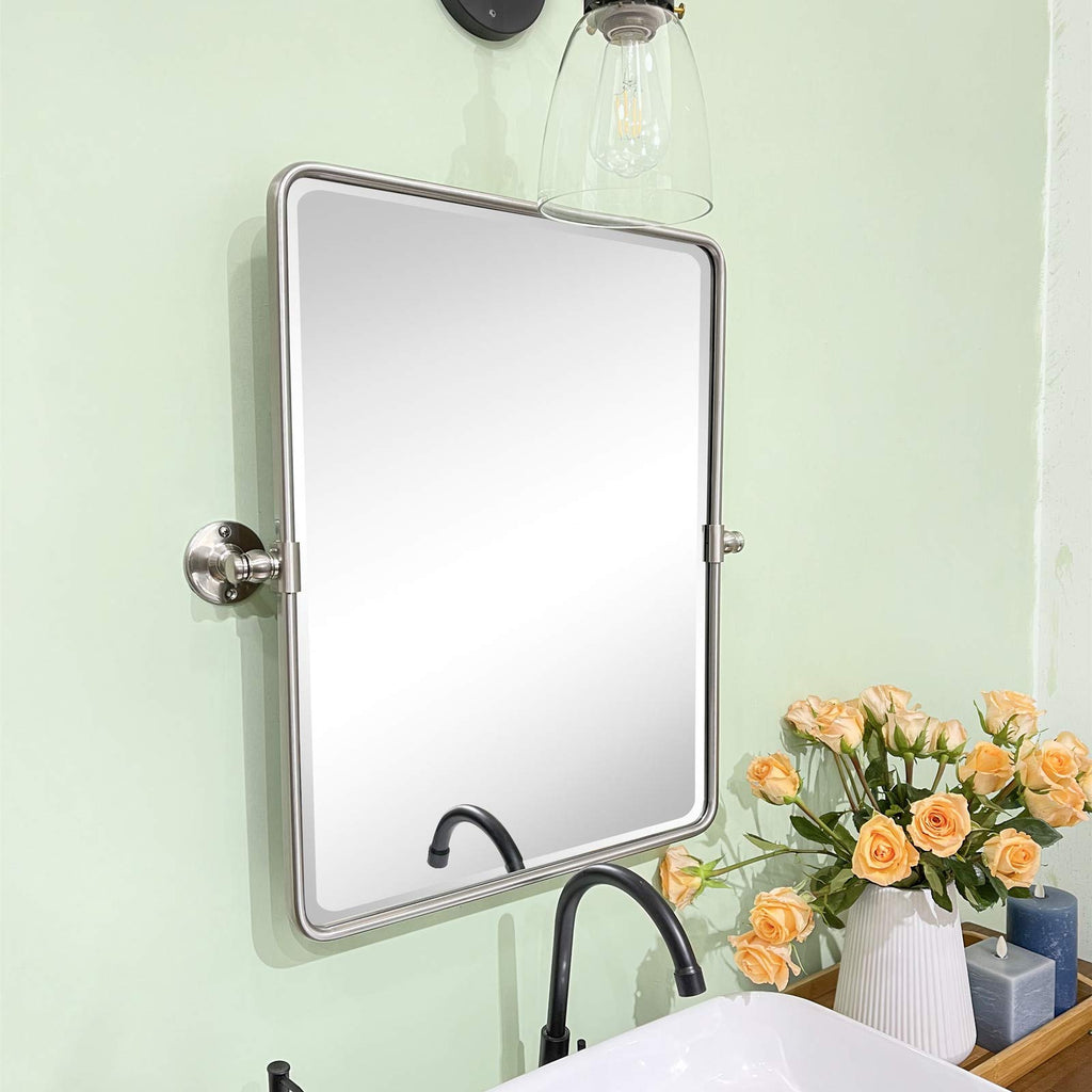 Farmhouse Nickel Metal Framed Pivot Rectangle Bathroom Mirror Rounded Rectangluar Tilting Beveled Vanity Mirrors for
