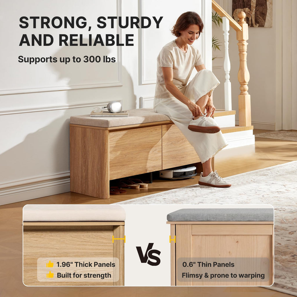 47.2" Shoe Storage Bench with Cushion, Natural Oak