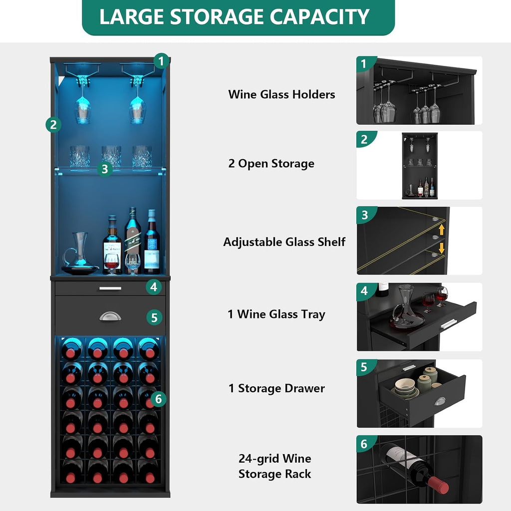 Wine Bar Cabinet w/LED Lights, 65'' Tall Coffee Bar w/24 Wine Rack | Freestanding Liquor Cabinet with Glass Holder &