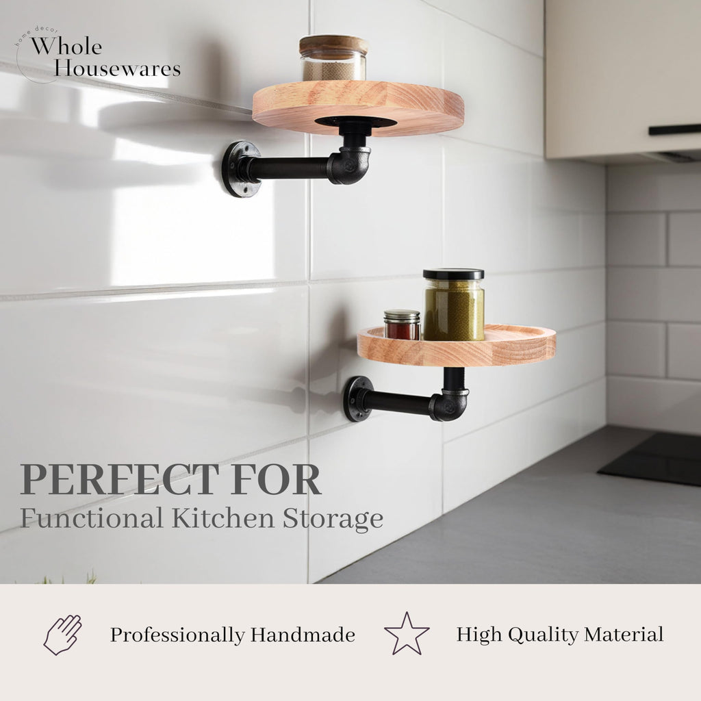 Shelf with Round Floating Shelves - Set of 2 | Rustic Industrial Style with Metal Pipe Brackets | 7.1 x 3.3 Inches
