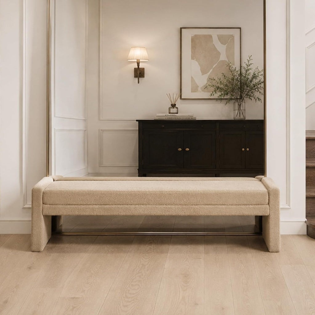 66.9" W Modern Boucle Shoe Bench King Size End of Bed Bench, Wheat. | Shoe Ottoman Upholstered King Size End of Bed