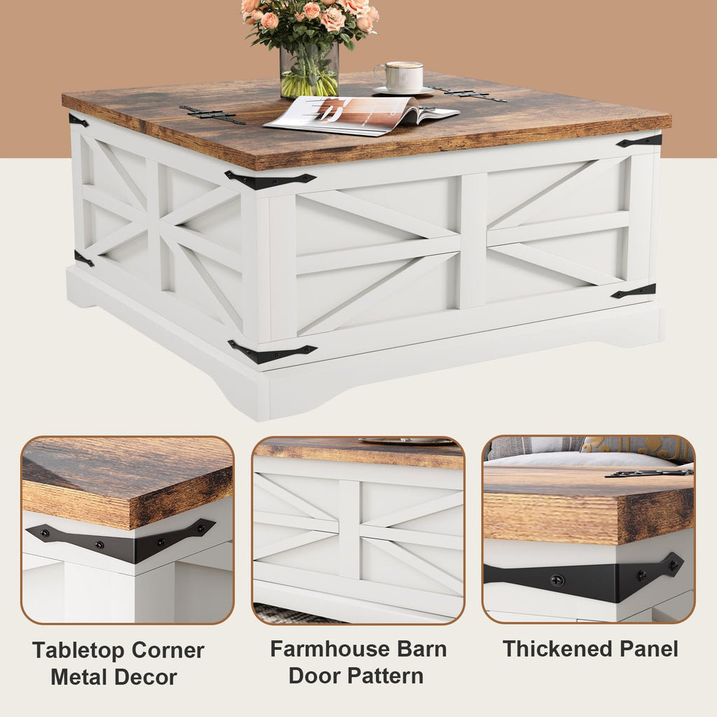 Farmhouse Coffee Table with Storage, Square Coffee Tables, Rustic Wood Center Table with Hinged Lifting Tabletop