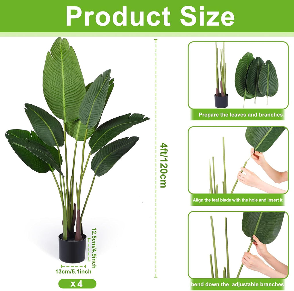 4 Pack 4Ft Artificial Bird of Paradise Plants Faux Palm Tree with 10 Trunks Banana Leaf Artificial Plant Lifelike