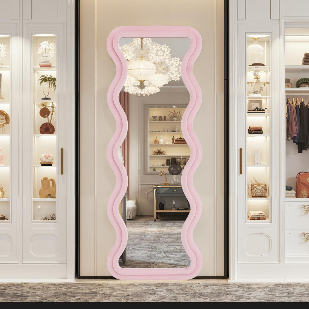 Irregular Wavy Full Length Mirror - 63"x24" Floor & Wall Mounted Mirror with Stand - Pink Flannel Wrapped Wooden Frame