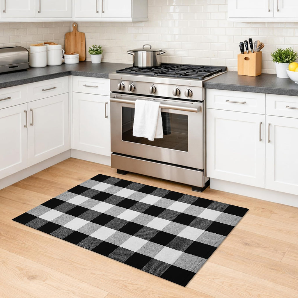 Buffalo Plaid Checkered Rug 27.5x43 in Black White Front Door Rug