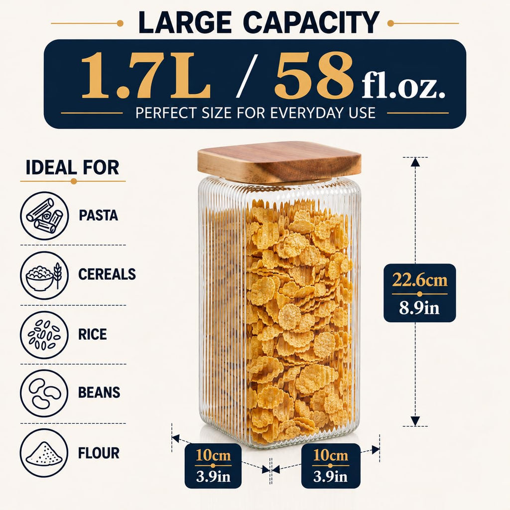 Ribbed Glass Square Jar with Wooden Lid 58fl.oz - Set of 3 | Airtight Fluted Storage Canister for Food, Pasta