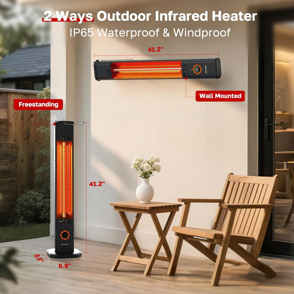 1500W Electric Patio Heater - Carbon Fiber Infrared Tower Heater for Outdoor Use - IP65 Waterproof, 2-in-1