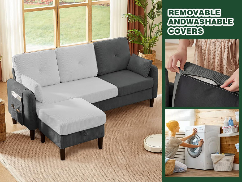 Modern Sectional Sofa with Storage Ottoman, L-Shaped 3-Seat Couch with 2 Pillows and Side Storage Pockage, Reversible