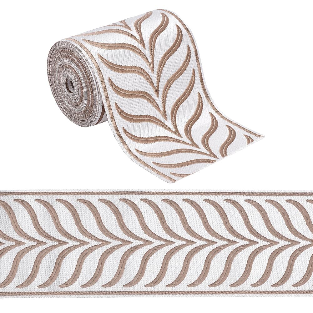 5M Jacquard Ribbon Trim 3.4 Inch Leaf Striped Jacquard Polyester Ribbons Camel Leaf Jacquard Woven - 5.5 Yards