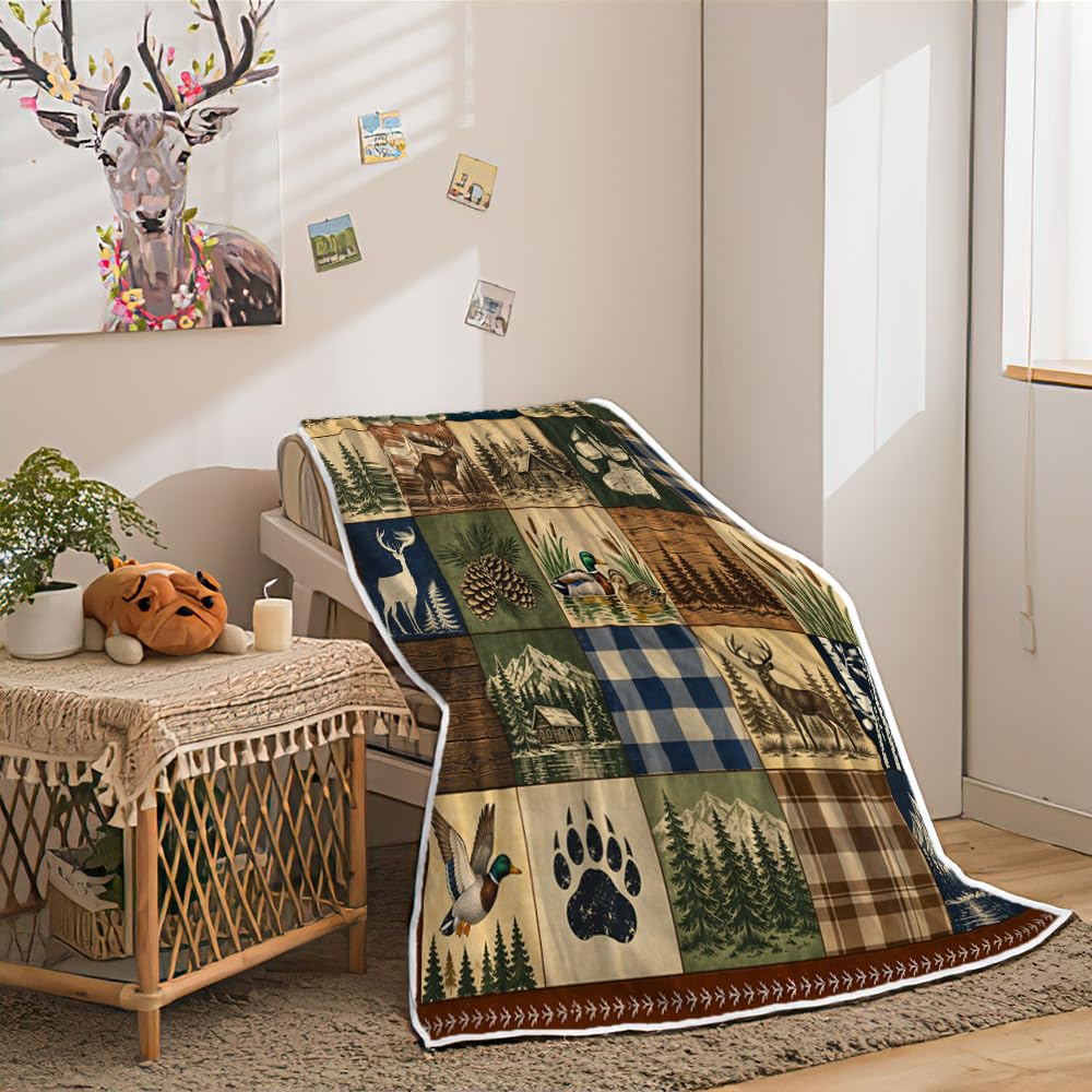 Rustic Cabin Throw Blanket, Bear Deer Duck Plaid Patchwork Lodge Decor