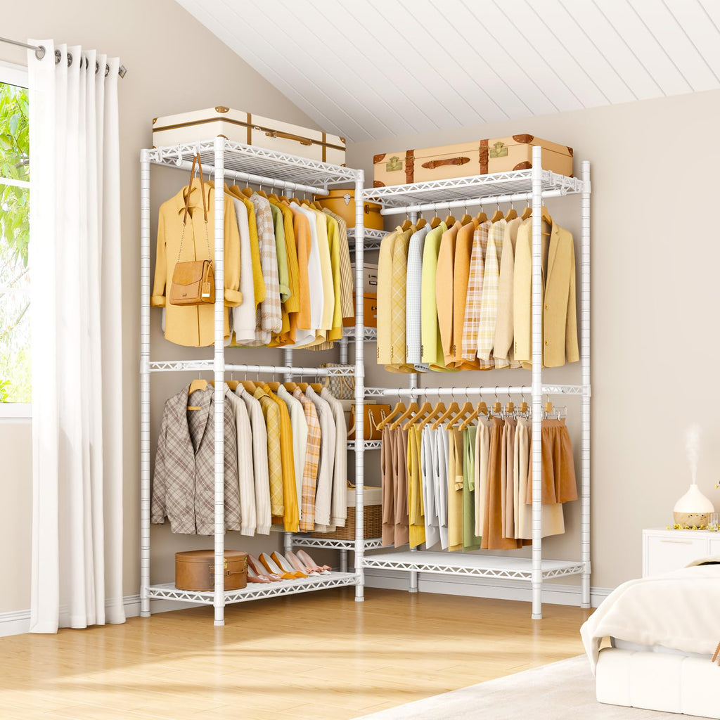 E4L L-shaped Clothing Rack for Corner, Heavy-Duty Freestanding Garment Rack, Metal Clothes Storage Organizer System