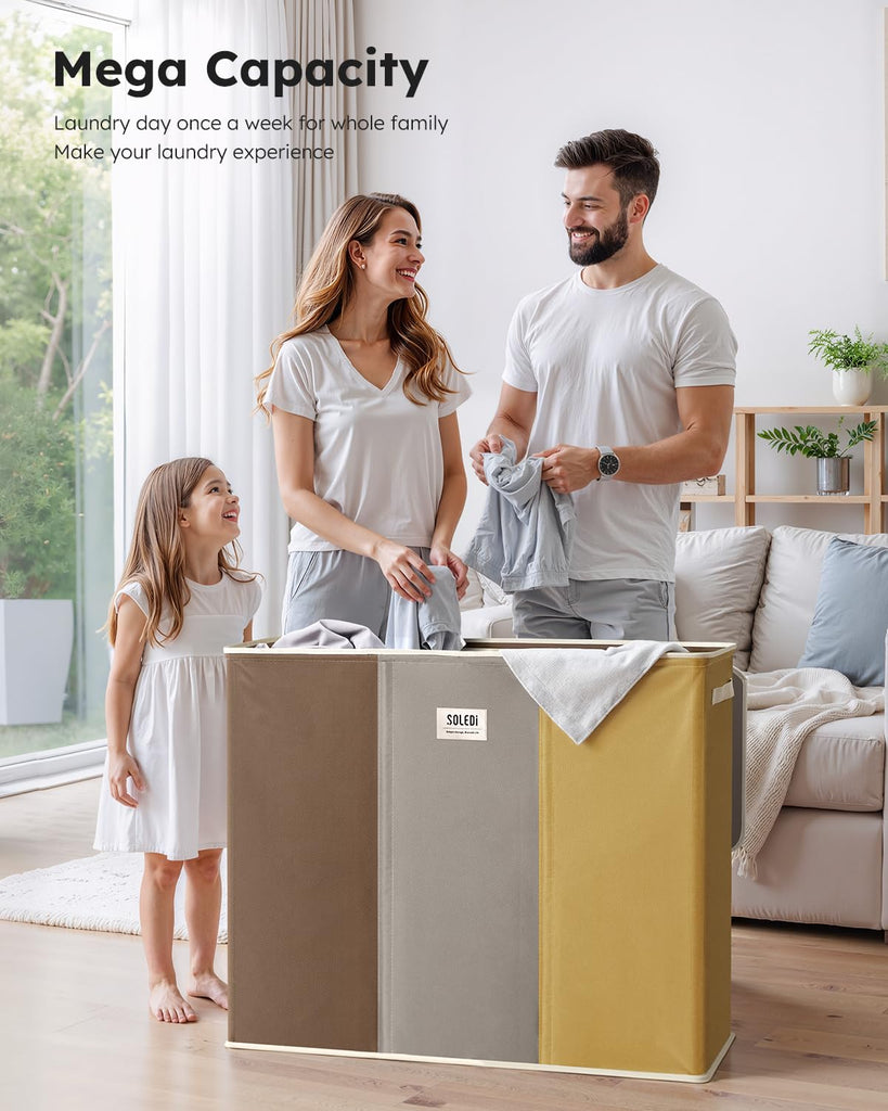 180L 3-Section Laundry Hamper with Lid, Extra Large Dirty Clothes Basket with Sturdy Handles for Laundry Room &