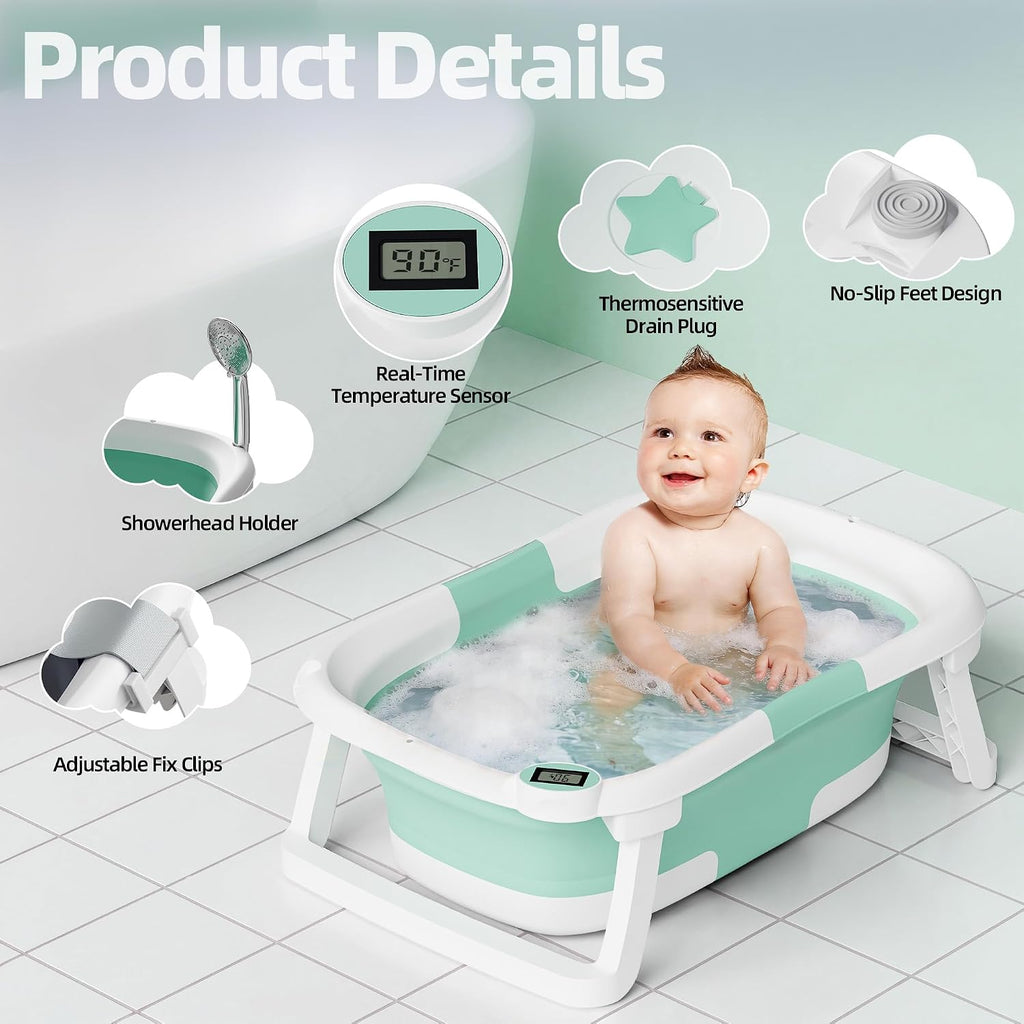 Collapsible Baby Bathtub with Thermometer, 0-36 Months, Turquoise