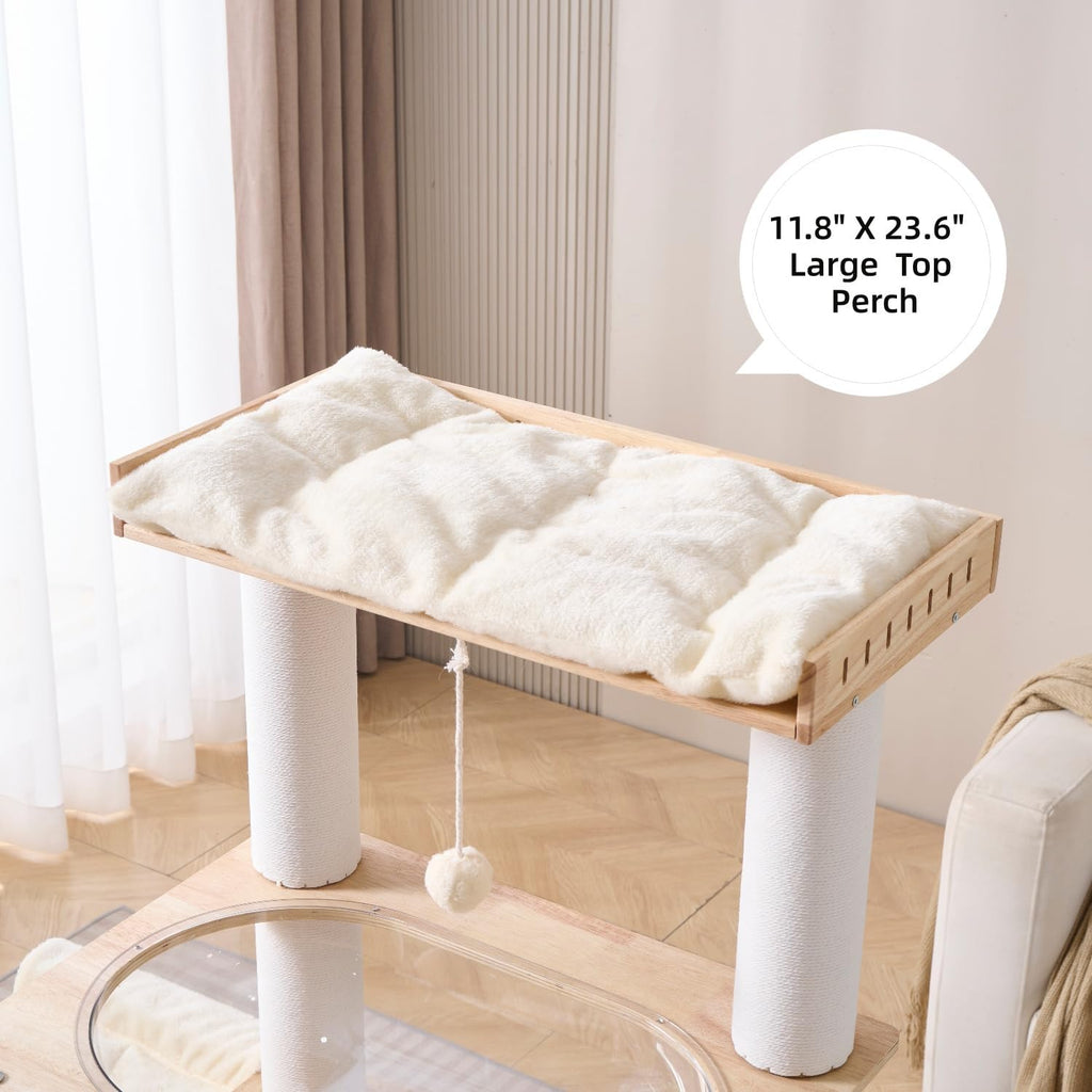Modern Natural Wooden Wood Cat Tree Tower Condo, Extra Large Top Platform Perch, 57" Tall, Big Clear Capsule Bowl
