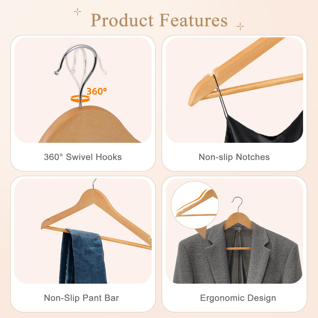 Wooden Hangers 50 Pack, Solid Wood Hanger with Non Slip Pant Bar