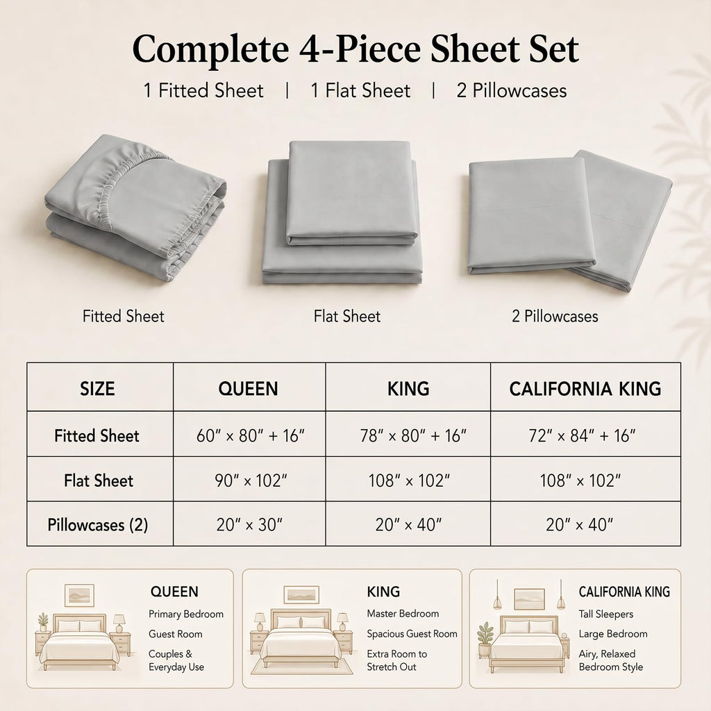 Cal King Sheet Set, 100% Rayon Derived from Bamboo, Sateen Weave