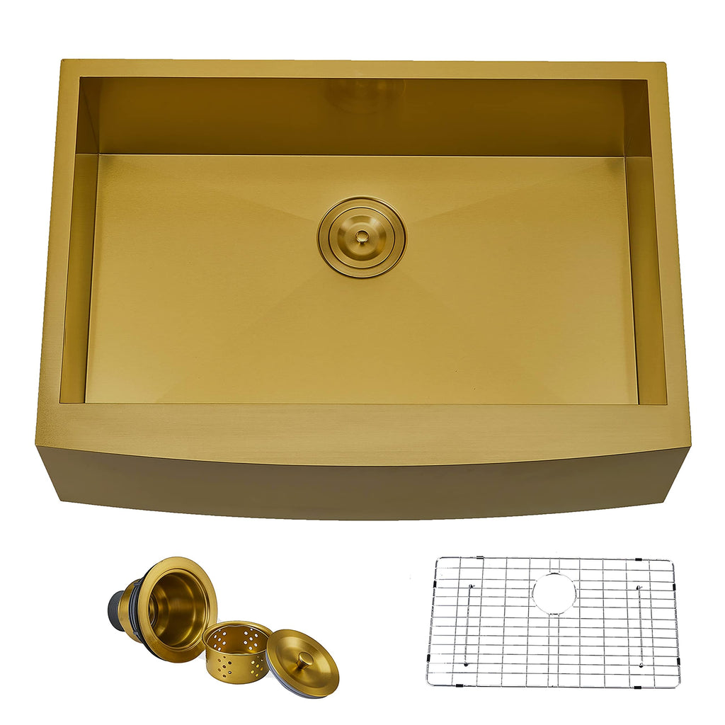 Gold Farmhouse Sink, 30 Inch Gold Kitchen Sink, Flat Apron-Front Undermount Farm Sinks, 30x22 Inch Stainless Steel 16