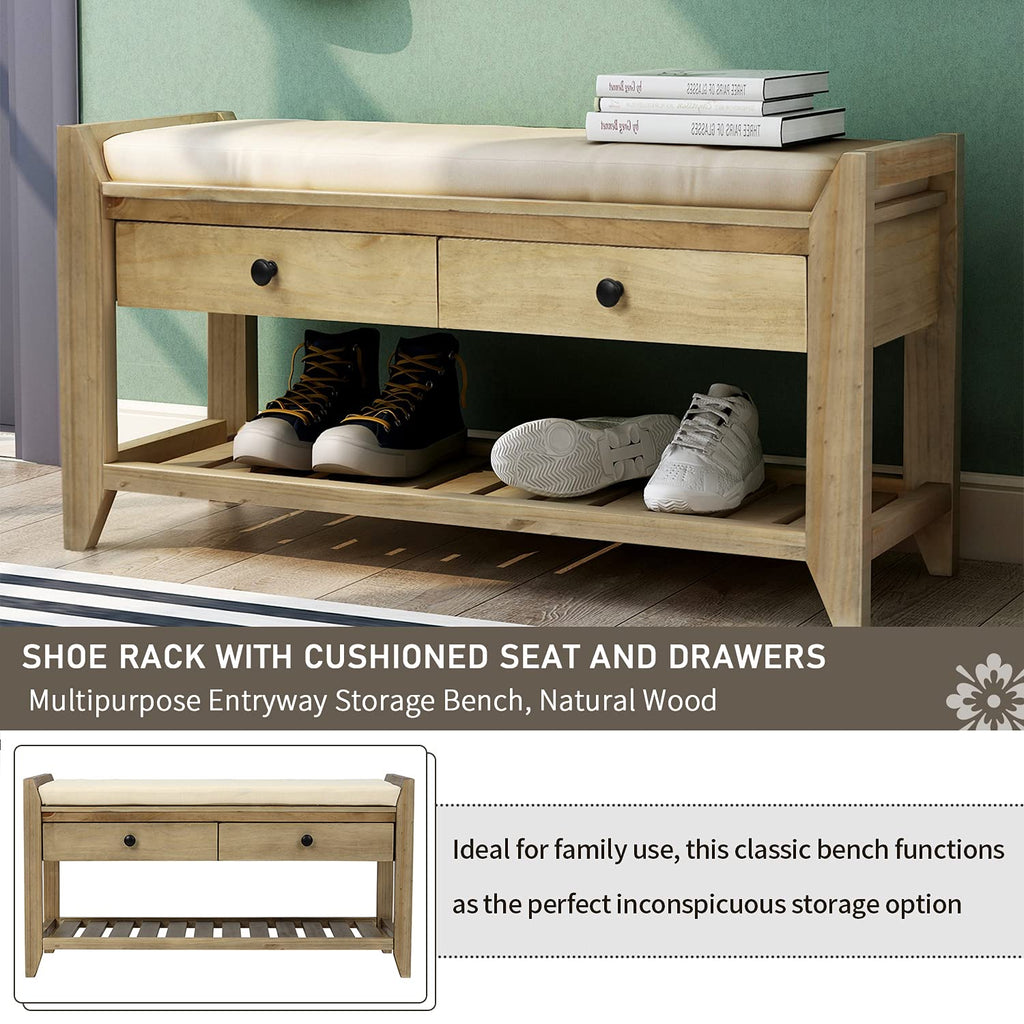 Storage Bench, Shoe Rack with Upholstered Seat and 2 Drawers, Solid Wood Entryway Storage Bench with Shoe Rack