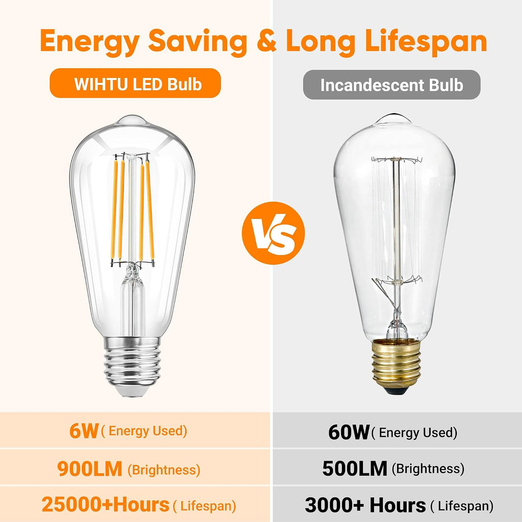 LED Filament Light Bulbs, Bright Vintage 6W LED Edison Bulbs, St58 2700K Warm Light Bulbs with CRI 85+, E26 Standard