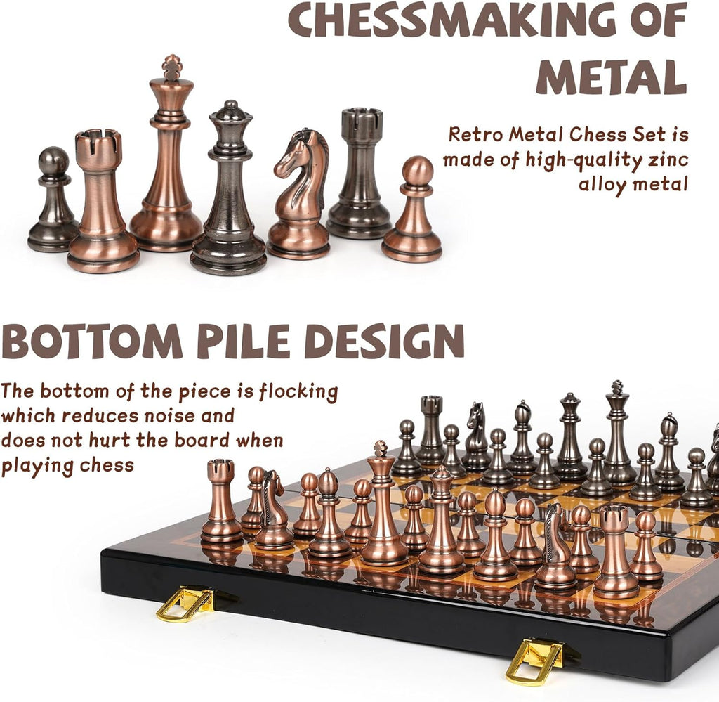Luxury Metal Chess Set with 15 Inch Wooden Chess Board | Weighted Metal Chess Pieces | 2 Extra Queens | Professional