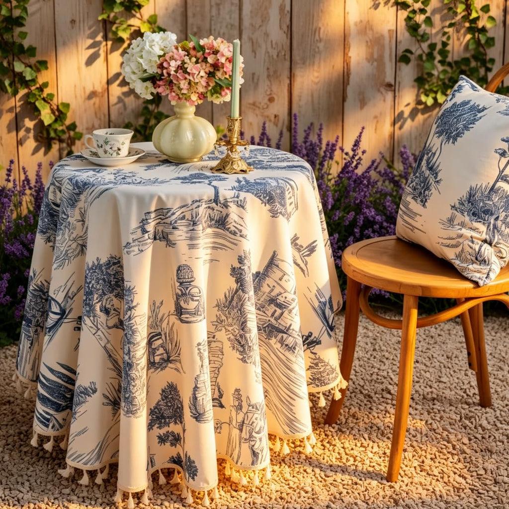 60 Inch Round Vintage Cotton Linen Tablecloth with All-Side Handmade Tassels, Blue White Classic Toile De Jouy