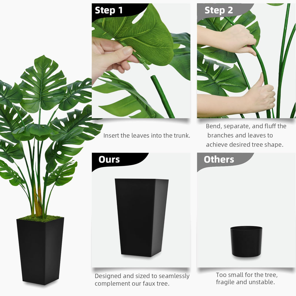 Artificial Monstera Deliciosa Plant 5FT - Faux Tropical Palm Tree with Black Tall Planter - Fake Swiss Cheese Floor