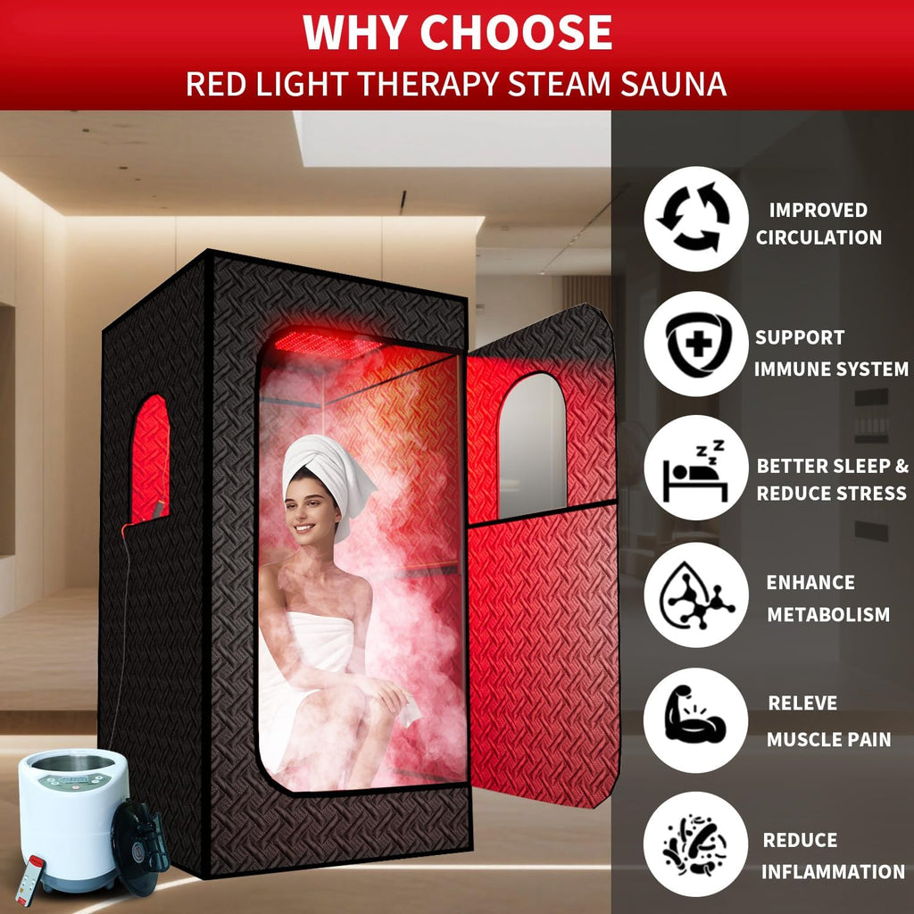 Portable Infrared Sauna Box with Red Light Therapy, 3L Steamer, Upgraded Foldable Chair & Mat