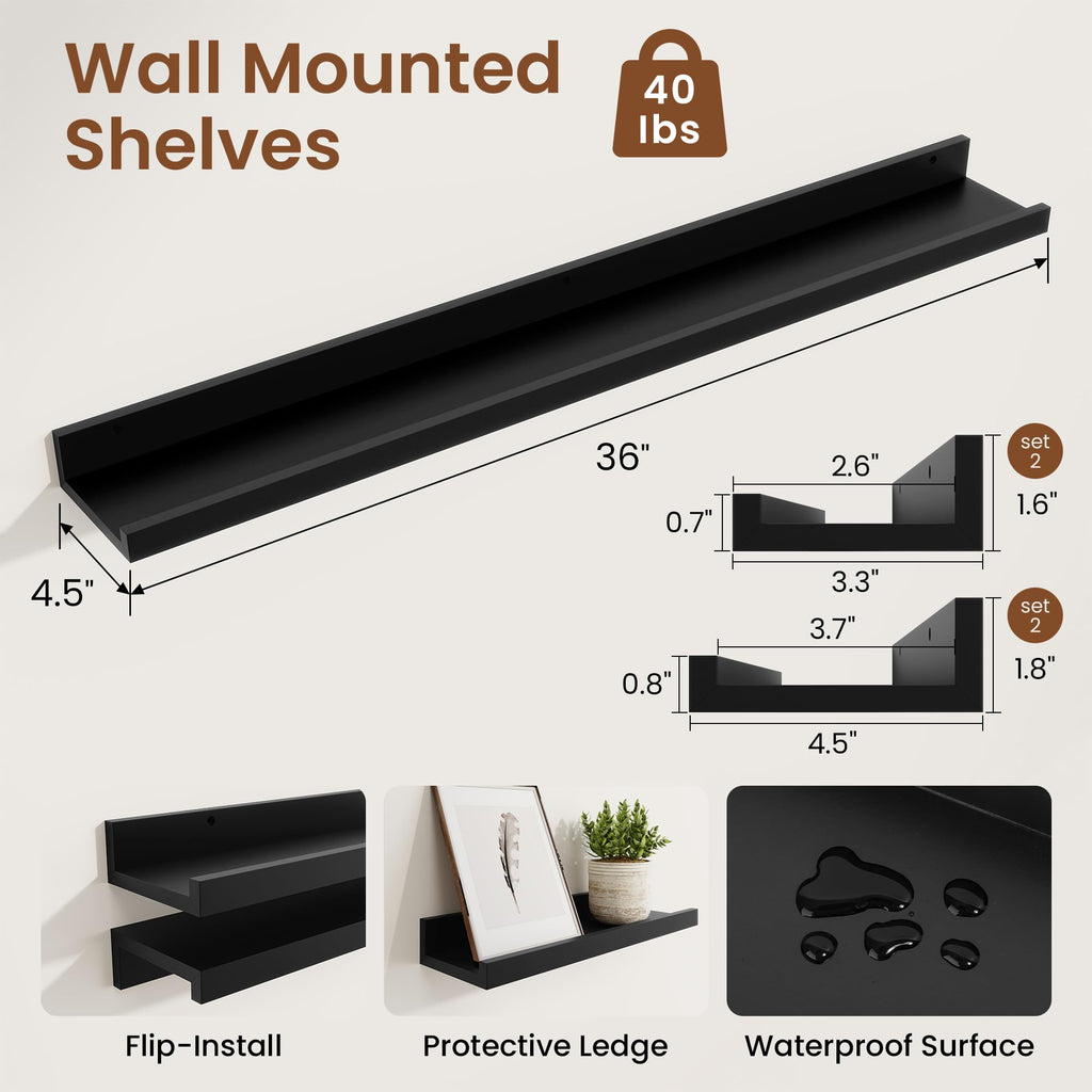 Picture Ledge Shelf, 36 inch Long Floating Shelves for Wall Set of 4, Black Picture Shelf with Lip for Wall