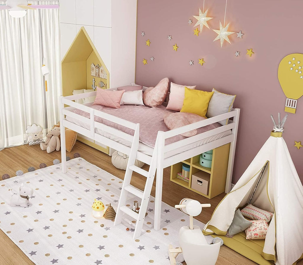 Junior Low Loft Bed with Stairs, White Wood Loft Bed Full for Adults, Kids and Young Teens