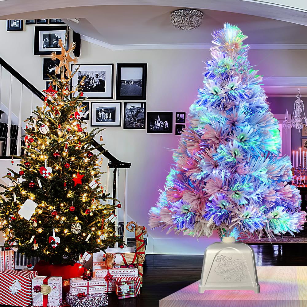 Pre lit Mini Christmas Tree, Tabletop Artificial Fiber Optic Christmas Trees with Silver Base -24 Inch (White) ...