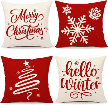 Red Christmas Pillow Covers 18x18 Farmhouse Xmas Decorations Snowflake Hello Winter Holiday Decor Throw - Set of 4
