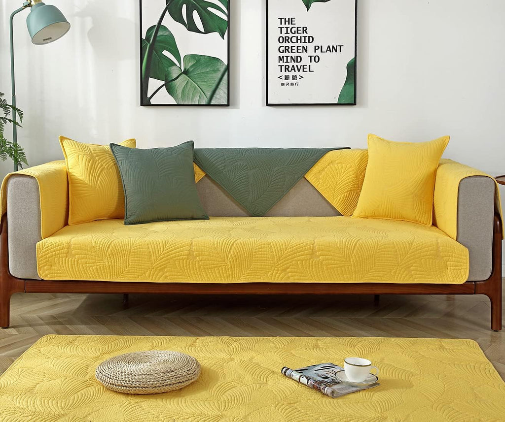 Solid Color Leaf Cotton Quilted Sofa Covers Anti-Slip Soft Sectional Couch Cover Washable Sofa Slipcover for Dogs