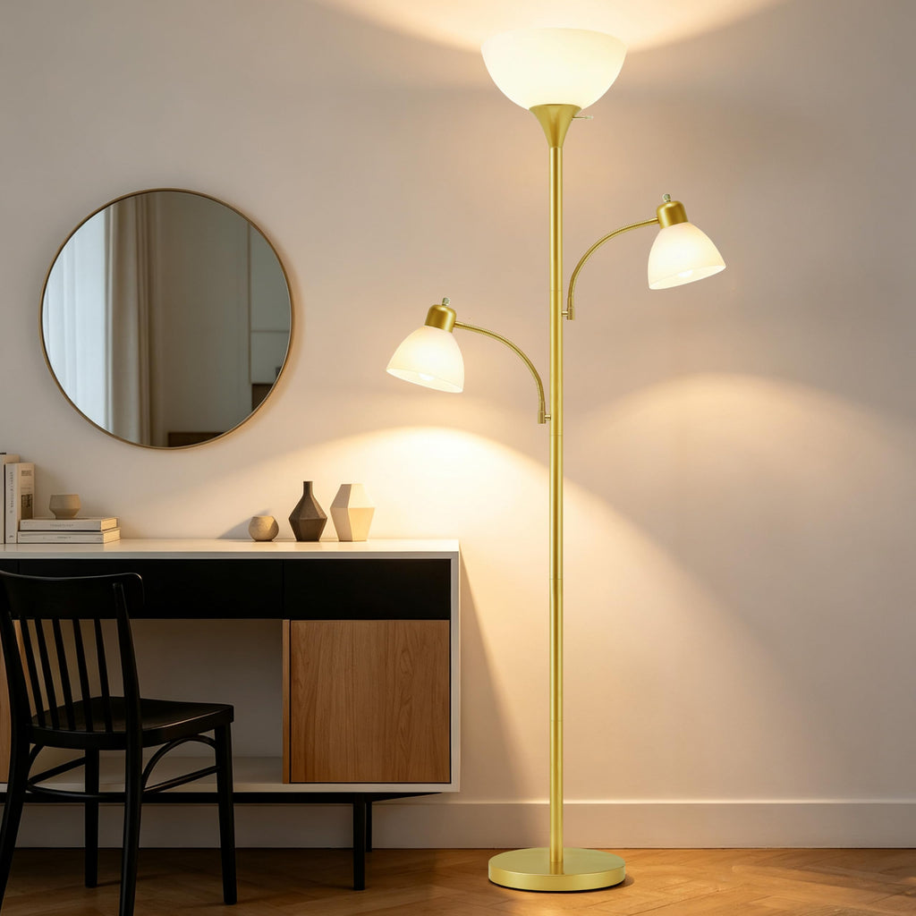 3-Head Torchiere Floor Lamps with 2 Reading Lamp -Gold