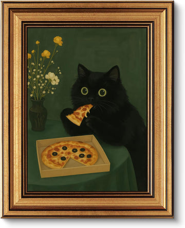 Gold Framed Wall Art, Cute Black Cat Eating Pizza Canvas Prints - Funny Kitchen Pictures Decor, Whimsical Animal