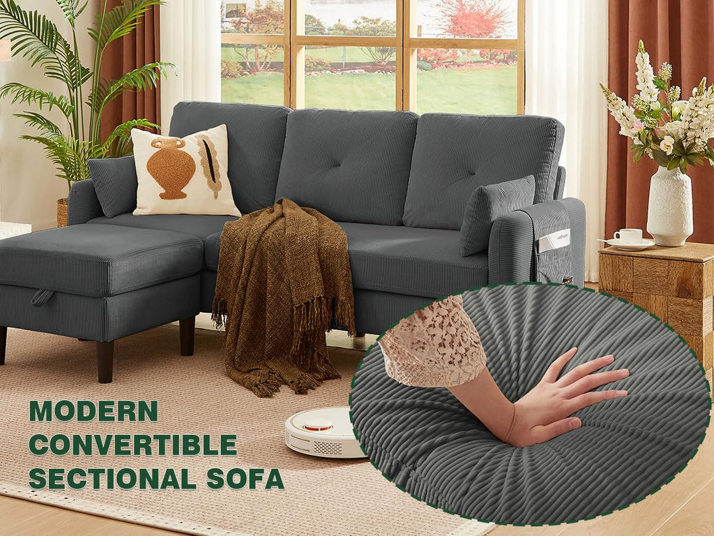 Modern Sectional Sofa with Storage Ottoman, L-Shaped 3-Seat Couch with 2 Pillows and Side Storage Pockage, Reversible
