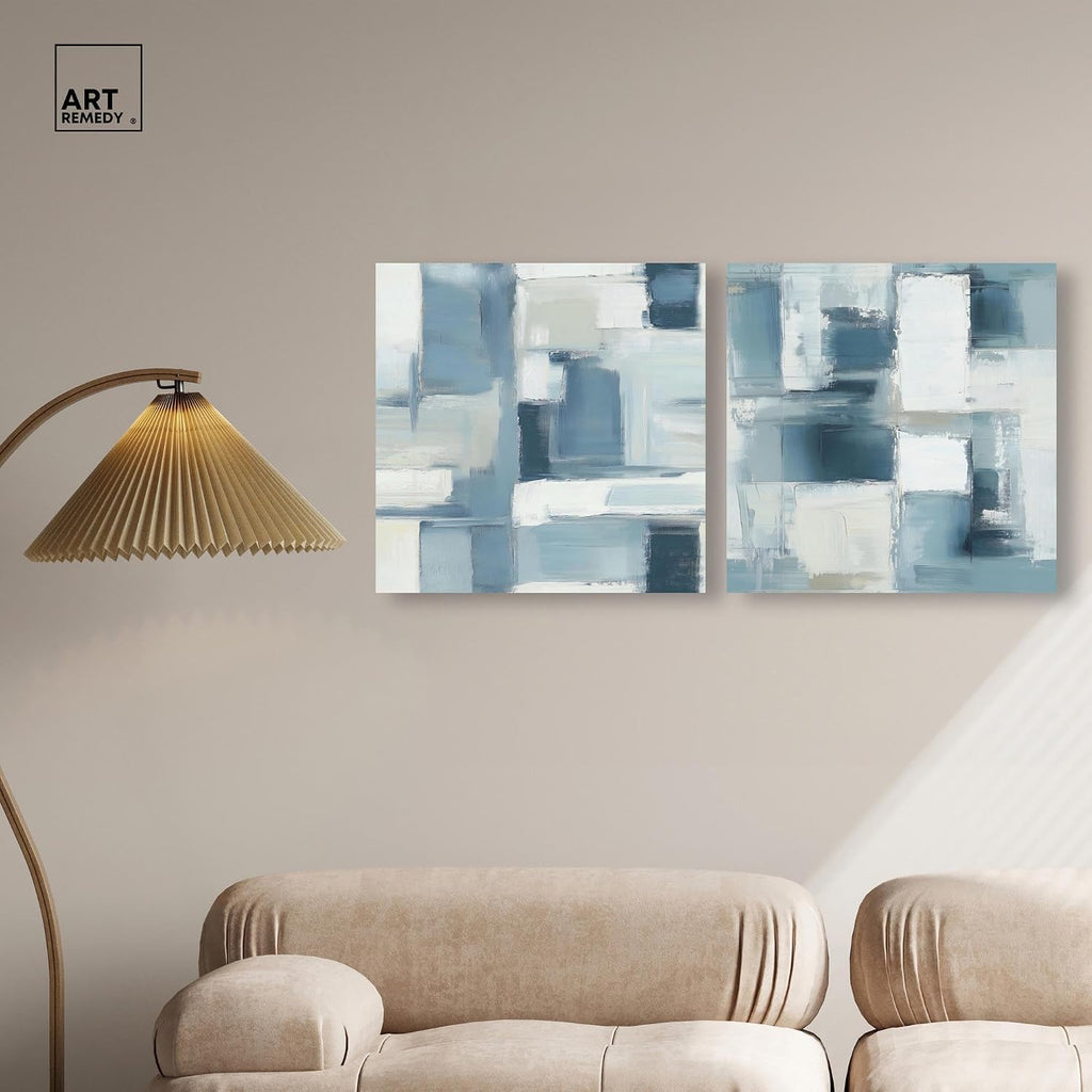 Modern Minimalist Blue Abstract Pair 2 Panel Set Canvas Print Abstract Wall Art by, Gallery Wrapped