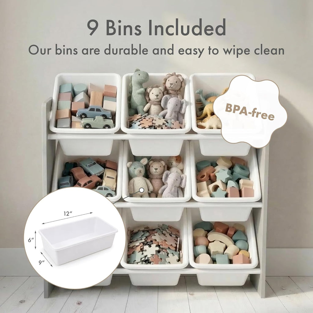 Kids Toy Organizer with 9 Bins, 3 Tier Storage | Sturdy wood and steel toddler shelf, removable BPA-free containers