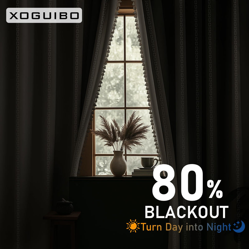 80% Boho Blackout Curtains 84 Inch Linen Blend Drapes 2 Panels