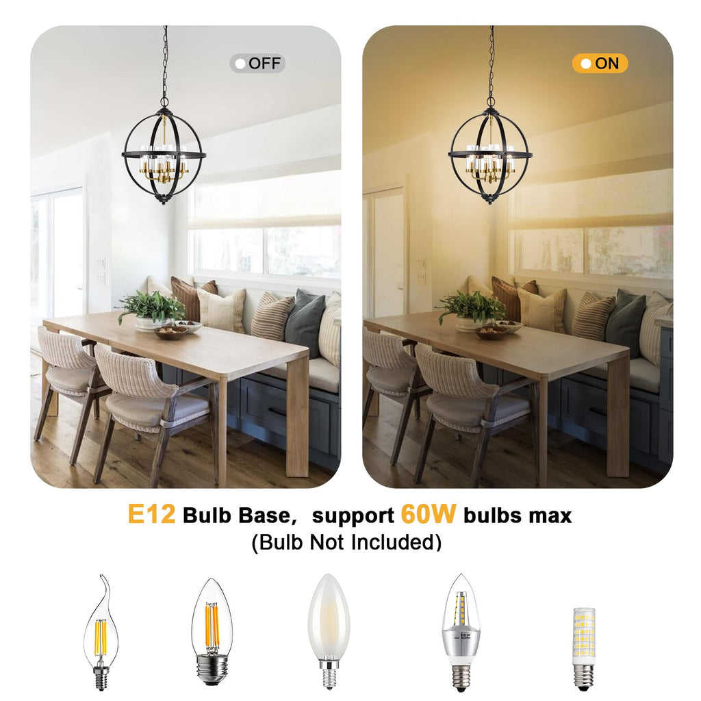Rustic Chandelier, 14" Farmhouse Globe Orb Pendant Light, Vintage Black and Gold 3-Light E12 Adjustable Ceiling