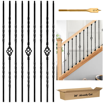 9 Pack Iron Stair Balusters, 36" Balusters for Staircase Interior, Stair Spindles Hollow Single Basket with Knuckles