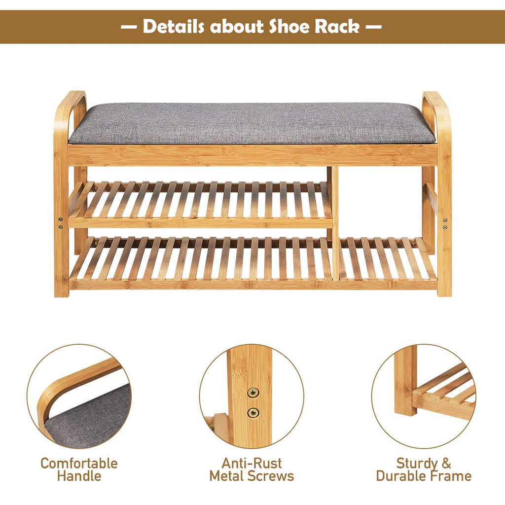 Bamboo Shoe Bench, 3-Tier Entryway Bench with Cushion, Max Load 330 LBS, Modern Stool Storage Shelf Living Room Hallway