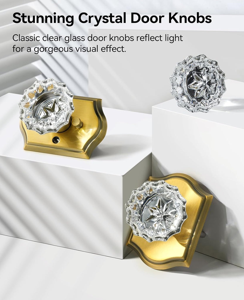 Glass Door Knobs, Privacy Antique Brass Door Knobs, 3 Pack