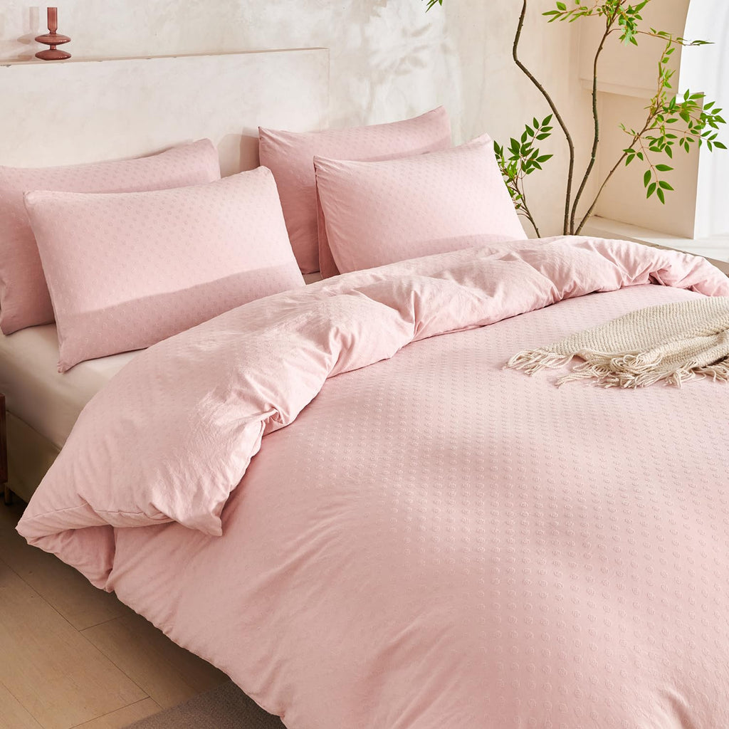 Pink Comforter Set Queen Polka Dot Soft Luxury Washed Microfiber Jacquard 3 Pieces Bedding Set, Pink Polka Dot